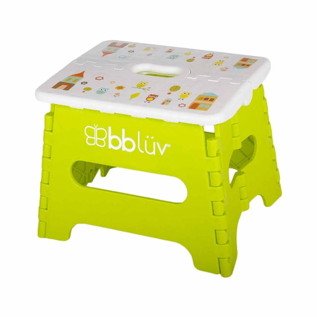 Bbluv - Step - Marchepied Marchepied Pliant Vert lime avec Dessus Blanc Présentant des illustrations Colorées de Hibou et de Maison, Pliable et compact avec Découpe de Poignée, Conçu pour les Enfants de 18 Mois et Plus pour Atteindre en Toute Sécurité des surfaces Plus Hautes, Supporte jusqu'à 250 lb.