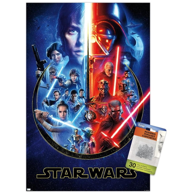 Star Wars - Skywalker Saga Wall Poster, 22.375" x 34" featuring a glossy, high-resolution print with a split blue and red design. The left side shows characters with blue lightsabers and droids, the right side displays characters with red lightsabers and the Death Star in the background, all set on a starry space backdrop with the Star Wars logo at the bottom. A pack of 30 clear adhesive pushpins is included for easy, damage-free hanging.