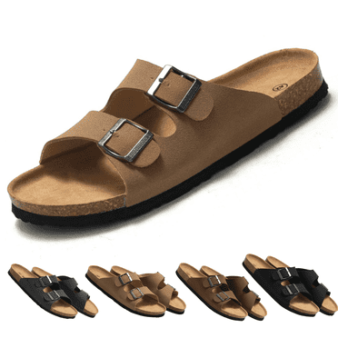 BERANMEY Unisex Cork Footbed Sandal for Womens Flat Slide Sandals Cork Footbed 2 Straps Adjustable Buckle Slip on Sandals with Comfort Arch Support for Slippers