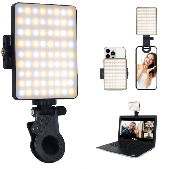 NEEWER Selfie Light with front and back phone clip featuring 60 high-power LEDs, rechargeable 2000mAh battery, and CRI 95+ for enhanced lighting. Portable clip-on light includes 3 light modes (Bright White, Bright White + Warm Yellow, Warm Yellow) and 10 brightness levels. Compact design shown clipped onto a smartphone and laptop for selfies, video calls, live streaming, and photography lighting.