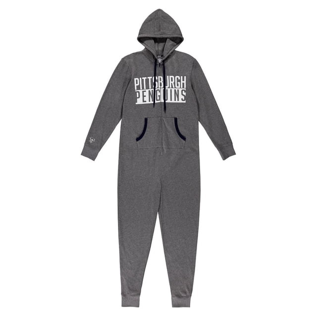Combinaison à Capuche Intégrale pour Hommes LNH en Gris avec Fermeture Éclair avant et Poches Kangourou. Elle Affiche « Pittsburgh Penguins' » en Lettres Blanches à Blocs sur la Poitrine et un Petit logo d'Équipe sur la Manchette Gauche. Fabriquée en Mélange de Coton Doux avec Manches Retroussées et Pattes de Pantalon pour la Chaleur et le Confort, Convient comme Vêtement d'Extérieur Ou de Détente pour Hommes.