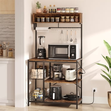 Bestier Bakers Rack with Power Outlet, Coffee Bar with Wire Basket, Kitchen Microwave Stand with 10 Hooks, Rustic Brown
