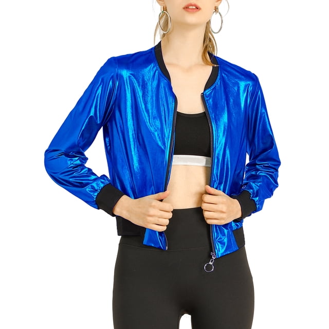 INSPIRE CHIC Women's Casual Stand Collar Metallic Zip Crop Length Bomber Jacket