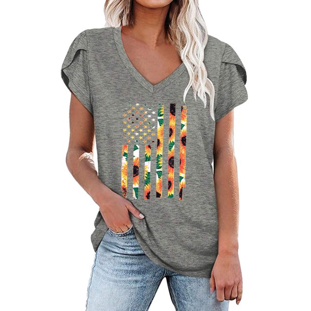 Pompotops Femmes Été V-Cou Imprimé Floral Tops T-Shirts Casual Pétale Chemisier à Manches