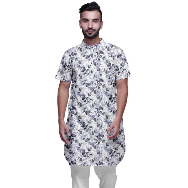 Atasi Kurta Imprimée pour Hommes Col Mandarin Coton Cambric Chemise Kurta Décontractée