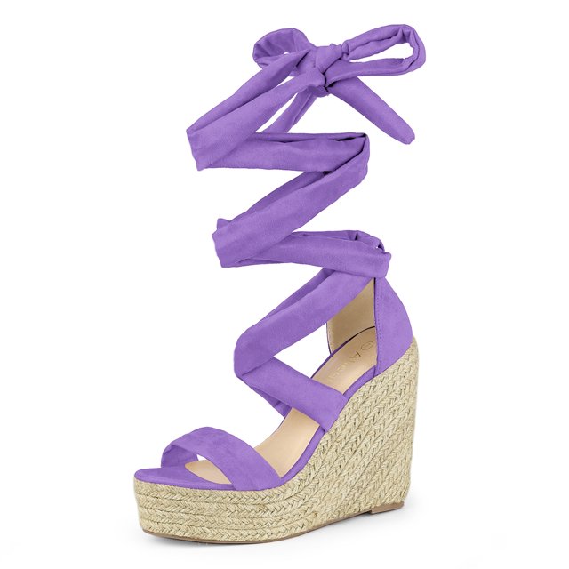 BLISSFUL STEP Sandales pour Femmes en Faux Suède à Plateforme Compensée à Lacets à Bout Ouvert Violet 7,5
