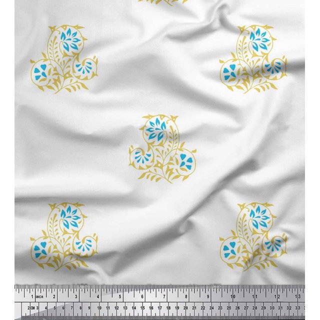 Soimoi Polyester Crepe Fabric Leaves & Floral Block Printed Fabric 1 Yard 52 Inch Wide