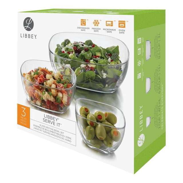 Ensemble de Bols Emboîtables pour le Service par Libbey avec Trois Bols en Verre Trempé Transparent de Formes Carrées Souples, Format 2 Tasses, 6,25 Tasses et 12,5 Tasses, Remplis de Salade, de Pâtes et d'Olives. Ces Bols Allant au Lave-Vaisselle, au Congélateur, au Micro-Ondes et au Four s'Emboîtent pour Économiser de l'Espace et Sont Idéals pour le Service et la Préparation des Aliments.