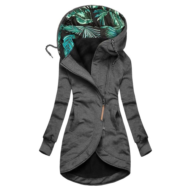 Kcodviy Women's Solid Mid-Length Printed Womens Fleece Plus Size Hooded Coat Drawstring Jacket Den Jacket Slim Outwear with Pockets
