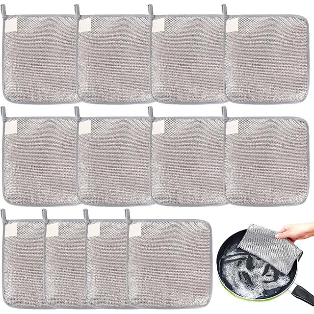 ZYNERY Three Layer Metal Wire Cloth, a 12-piece set of reusable, silvery cleaning cloths with a checkered pattern. Made of durable metal wire, these 19.8 cm square cloths are designed for dual-purpose use, effectively cleaning cookware, tableware, sinks, and more without scratching. The image shows the cloths arranged in rows, with one being used to clean a pan, demonstrating their wet and dry cleaning capabilities.