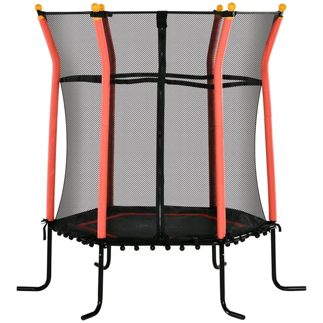 Soozier Trampoline pour Enfants de 63 Pouces avec Filet de Protection pour l'Intérieur, Rouge. Ce Petit Trampoline Présente un Cadre en Acier Enduit de Poudre, un Filet anti-UV et un design à Élastiques Sans Ressort pour une Sécurité Accrue. le Trampoline Comprend des Poteaux Épais Rembourrés, une Porte à Fermeture Éclair pour un Accès Facile, et un Cadre Léger Mais stable. Conçu pour les Enfants de 3 à 10 Ans, Il a une Capacité de Poids de 63 Pouces de Diamètre et 64,4 Pouces de Hauteur, avec une surface de Saut de 15 Pouces du Sol.