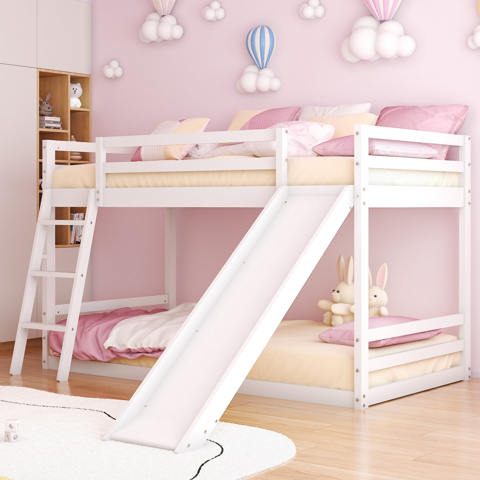 Ktaxon Bunk Bed Twin Over Twin,Kids Low Floor Bed Frame with Slide