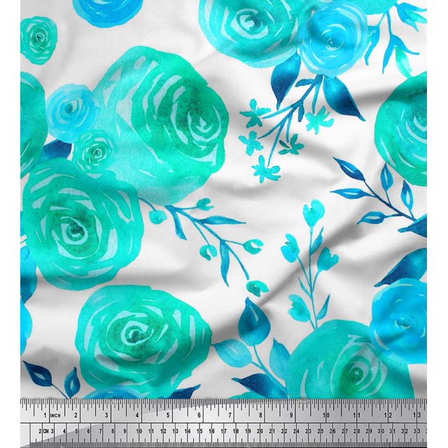 Soimoi Green polyester Crepe Fabric Watercolor Floral Printed Fabric 1 Yard 52 Inch Wide