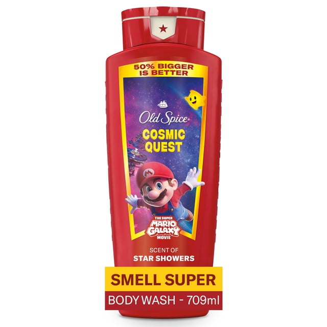 Old Spice Body Wash for Men Cosmic Quest in a red 709ml bottle featuring The Super Mario Galaxy Movie branding and the scent of Star Showers, formulated for 24/7 shower fresh with rich lather and suitable for body and face cleansing.