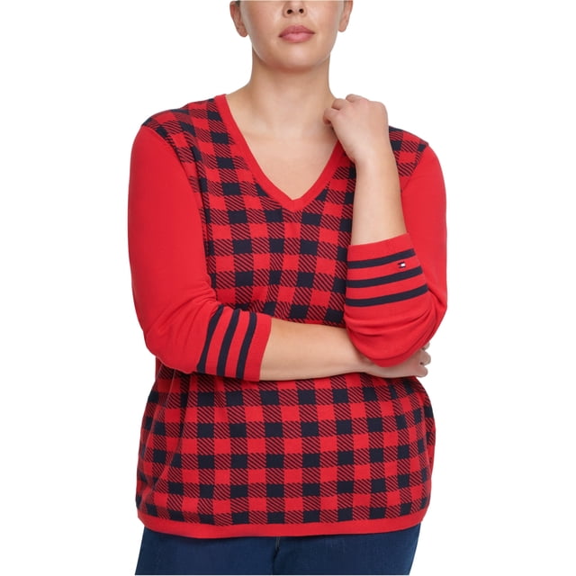 Tommy Hilfiger Womens Buffalo Check Pullover Sweater, Red, 0X