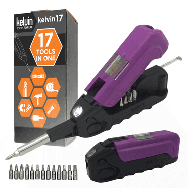 Kelvin Tools - Ensemble de Tournevis Urbain Kelvin 17, Tournevis Tout-en-un pour Tous les Jours à Outils Multiples, Multi-Basculement, Précision Compacte et Universelle, Ensemble 13 Bits avec Ruban à Mesurer, Niveau de Liquide, Marteau et Lampe de Poche