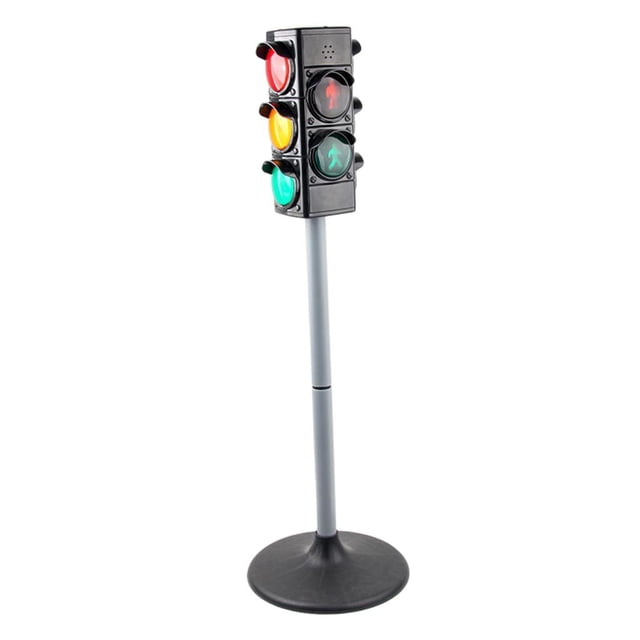 Simulation Mini Traffic Signs Light Toy with Light and Education Fun traffic light featuring a black traffic signal with four sides, each displaying red, yellow, and green blinking lights. Mounted on a grey adjustable pole with a sturdy black base, this educational toy is made of durable ABS material and powered by 3 AAA batteries (not included). Perfect for teaching kids road safety, role play, and creating realistic traffic scenes.