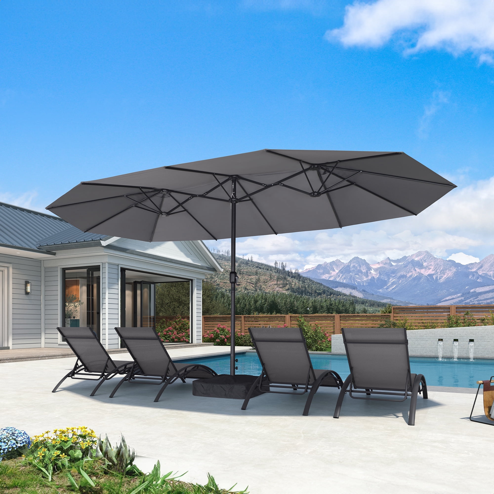 PURPLE LEAF 15ft Patio Umbrella with Base Double-Sided Rectangle Outdoor Market Umbrellas for Pool Beach Deck Backyard Light Grey