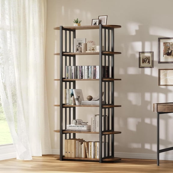 6 Tier Bookshelves, Industrial Bookcase Shelf Storage Organizer – Free Standing Storage Shelving Unit for Bedroom, Home Office & Living Room, Retro, 11.81x31.5x70.87 in