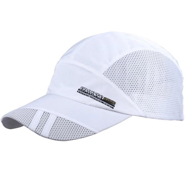 Fashionhome Summer Breathable Mesh Baseball Cap Sport Quick Drying Hats for Men. This white polyester cap features a breathable mesh design on the sides and brim for ventilation. It includes an adjustable brass buckle closure at the back for a customizable fit. Suitable for adults, the cap measures 7cm in length, 15.5cm in width, and 8.8cm in depth. Ideal for outdoor sports and casual wear.