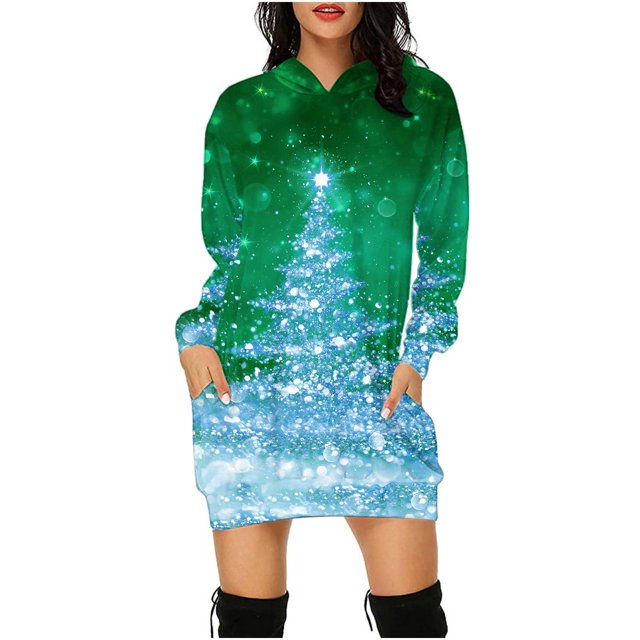 Jsaierl Robe à Capuche pour Femmes, Imprimé d'Arbre de Noël Doré, Mode Décontractée, Chandail à Enfiler à Manches Longues, Mini-Robe à Capuche avec Poche, Chandails d'Automne pour Femmes