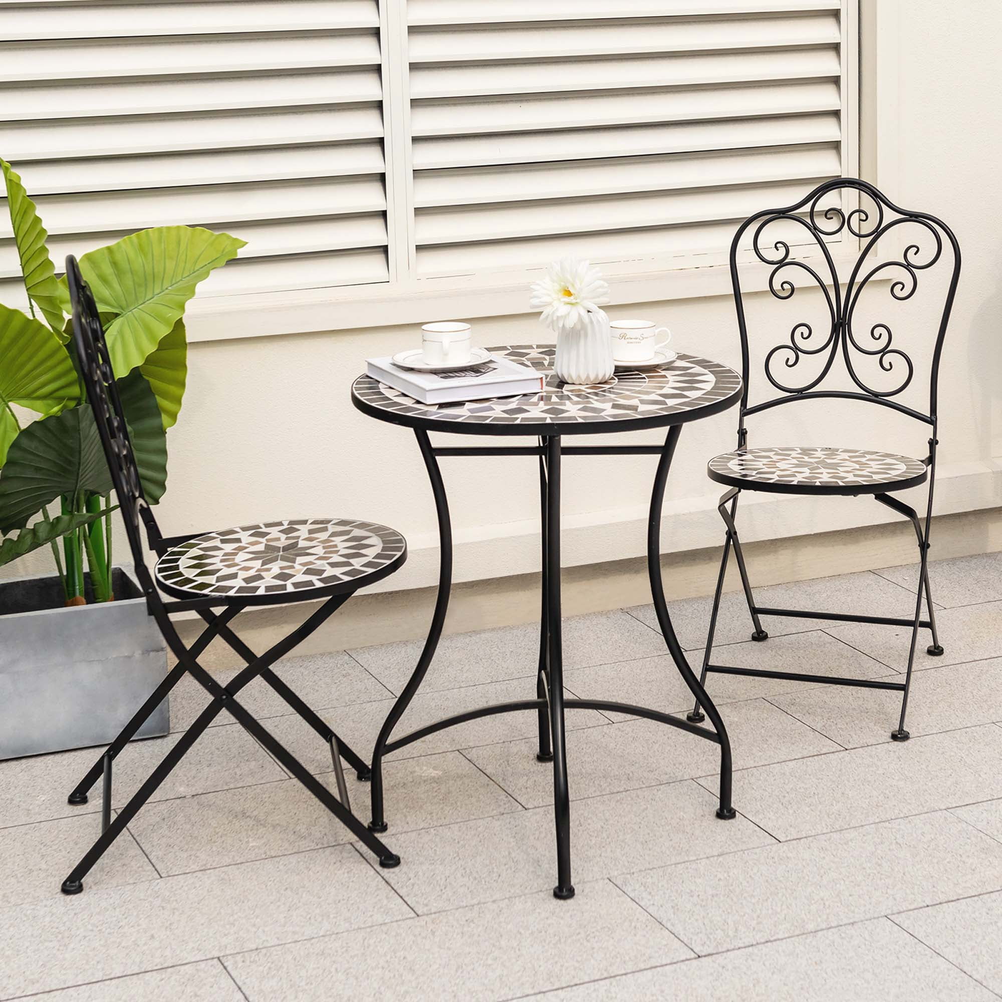 Costway Ensemble Bistro de Patio 3 Pcs Motif Mosaïque Salle à Manger en Métal Robuste Pliant Extérieur