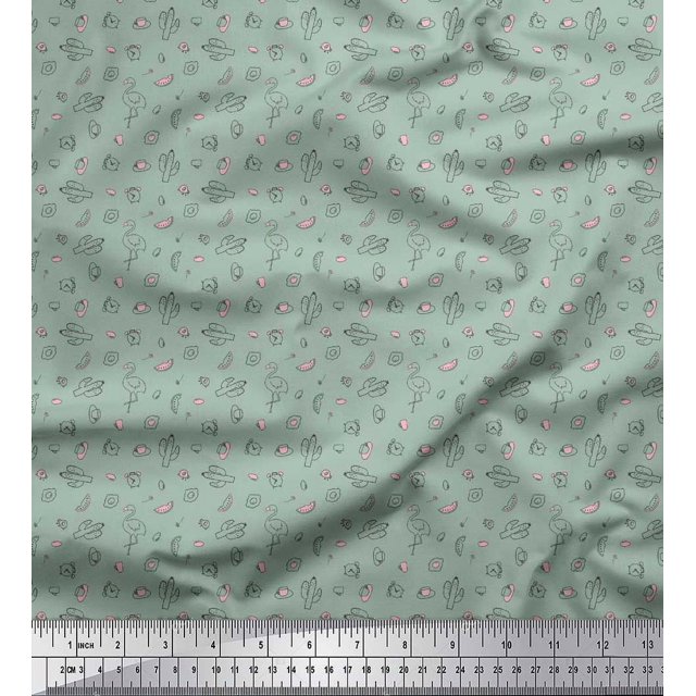 Soimoi Poly Georgette Fabric Cactus,Alarm Clock & Flamingo Shirting Printed Craft Fabric by The Yard 52 Inch Wide