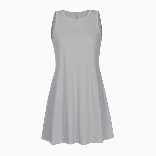 RKSTN Robes d'Été pour Femmes Sans Manches à Col Rond Couleur Unie Ample Fluide Plissée Robe Mini Décontractée Ligne A Robes de Plage avec Poches