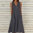 thumbnail image 3 of Ohufall Robe Femme en Coton et Lin à Col en V Sans Manches Décontractée Robe Débardeur Unie Confortable avec Poches Robe Midi d'Été Chic, 3 of 5