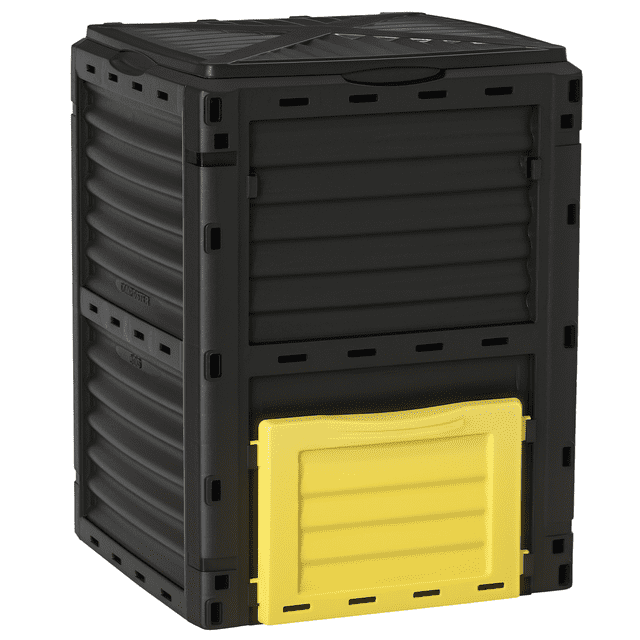 Outsunny Compost de Jardin Bin Grand Contenant de Compost Extérieur Jaune et Noir. Doté d'Une structure Robuste en Plastique PP avec une Capacité de 80 Gallons (300 L), d'Un Couvercle à Loquet et d'Un Trappe Inférieure Facile à Ouvrir pour une Collecte Efficace du Compost. Conçu pour les Déchets de Jardin et les Restes de Cuisine, Il Comprend un Système de ventilation Exceptionnel pour Accélérer le Compostage. Dimensions : 23,8 Pouces L x 23,8 Pouces L x 32,1 Pouces H.