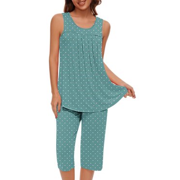 Japceit Ensembles de Pyjama pour Femmes 2 Pcs Mode Femme Col Rond Imprimé Sans Manches Blouse + Shorts Pantalons Taille Élastique Ensembles de Pyjama