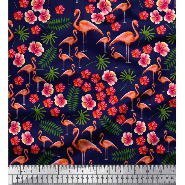 Soimoi Cotton Voile Fabric Leaves,Floral & Flamingo Bird Decor Fabric Printed Yard 42 Inch Wide