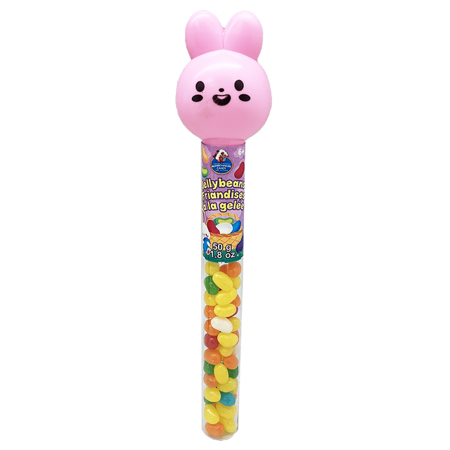 Sweet Workshop Bunny Tube Filled with Jelly Beans, a clear tube filled with assorted colorful jelly beans weighing 50 g (1.8 oz), topped with a pink bunny head cap, labeled in English and French, suitable for kids aged 6 and up, ideal for gifting or party treats.
