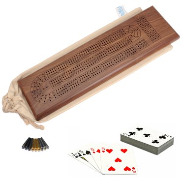 WE Games Ensemble de Cribbage de Luxe - Planche de Piste Continue en Bois de Noyer Massif à 3 Positions avec Chevilles à Prise Facile, Jeu de Cartes et Sac de Rangement en Toile