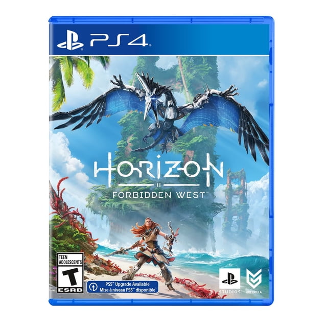 Horizon Forbidden West™ PlayStation 4 game cover featuring a large mechanical bird with blue wings flying over a beach where a warrior armed with a bow stands ready, set against lush green cliffs and ocean waves, emphasizing action and exploration in a post-apocalyptic setting.