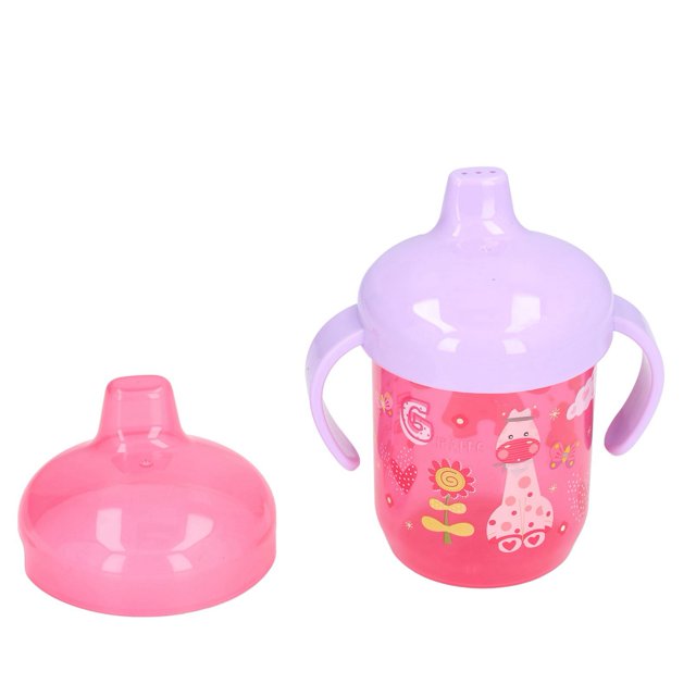 Cartoon Sippy Cup Infant Sippy Cup in rose red with a 260ml capacity, featuring a cartoon animal pattern and ergonomic handles for easy grip. Includes a purple lid, spill-proof design, and wide mouth for easy cleaning. Made of PP material, ideal as a trainer cup or birthday gift for babies and toddlers.