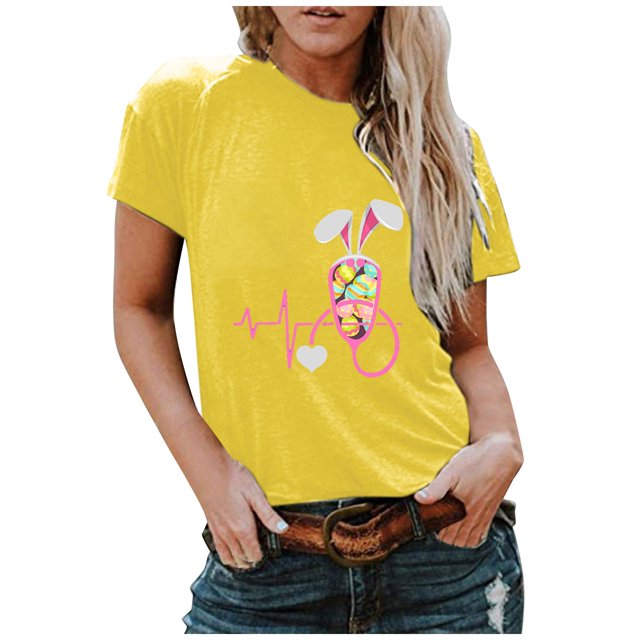 Hauts d'Été pour Femmes 2023 T-shirt à Col Rond pour Femmes à Imprimé Lapin de Pâques à Manches Courtes Blouse Décontractée Ample