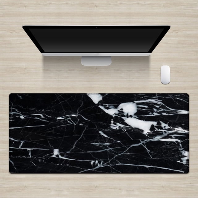 WIFKLSIIPG Mousepad for Gaming Laptop Computer Desk Mat Mouse Pad Wrist Rests Table Mat Office Desk Set Accessories. A large black and white marble-patterned mouse pad made of rubber and cloth, approximately 3mm thick, placed on a light wood desk with a computer monitor, keyboard, and mouse. Designed for gaming and office use, it provides a comfortable resting surface for hands while typing or writing and protects the desk from scratches and spills. Features include absorbent, breathable, and washable material.