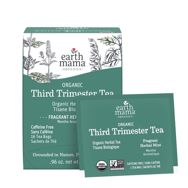 Earth Mama Third Trimester Tea box and single tea bag packet in teal green and white with botanical herb illustrations, labeled organic herbal tea, fragrant herbal mint, caffeine free, USDA Organic and Non-GMO Project Verified, containing 16 individually wrapped tea bags to support late pregnancy needs.