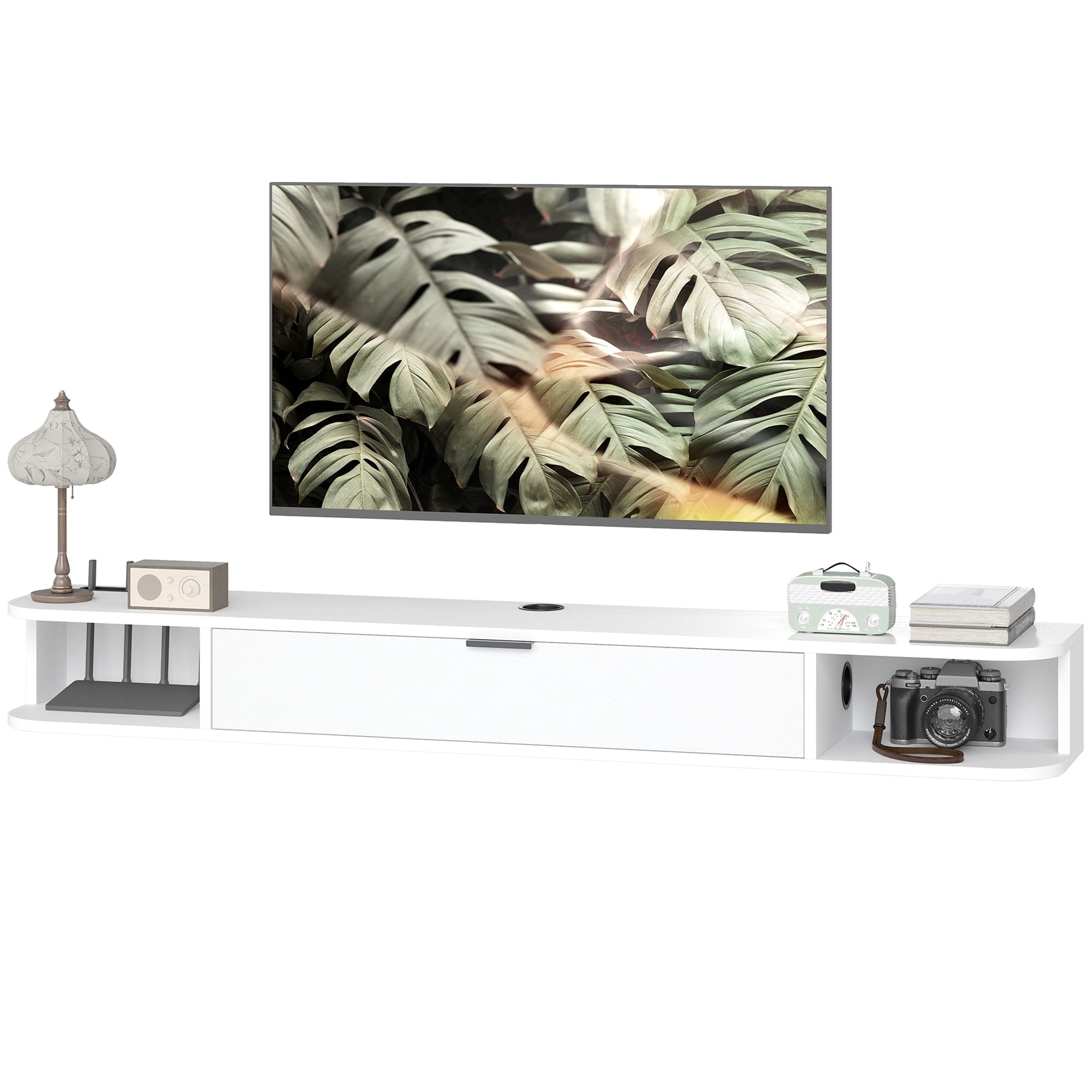 Floating TV Stand 55" - Modern White Media Console with Drawer & Shelves for Living Room - Wall Mounted TV Unit up to 60 Inch TV