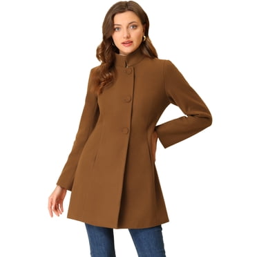 INSPIRE CHIC Manteau d'Hiver pour Femme à Col Montant, à Simple Boutonnage, Long Jusqu'au Milieu de la Cuisse, Brun, TP