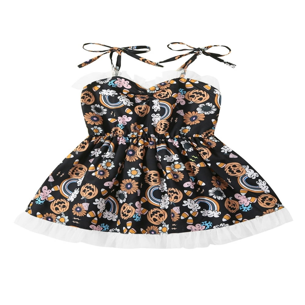 Robe d'Halloween pour Tout-Petite Fille, Enfants, Imprimé de Dessins Animés, Sans Manches, à Nouer, Robe Trapèze