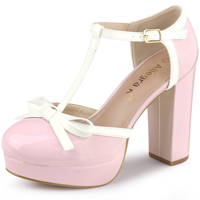 BLISSFUL STEP Halloween Chaussures de Rentrée pour Femmes à Bride en T avec Nœud, Talon Bloc Vintage, Talons Plateforme, Rose 7