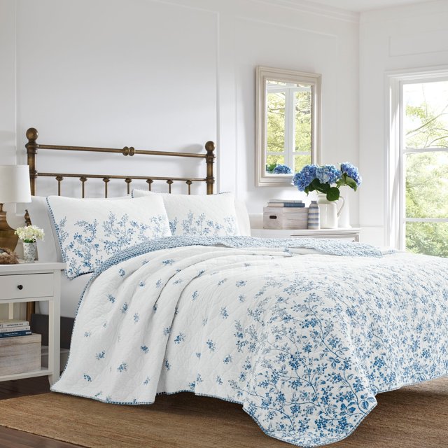Laura Ashley - Collection Flora - Set de Couette - 100% Coton, Literie Réversible avec Fausse(S) Couche(S) Assortie(S), Prélavée pour Plus de Douceur, Simple, Bleu