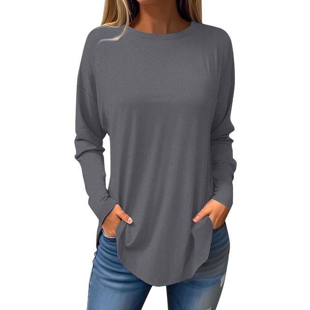 LLYwey T-Shirts à Manches Longues pour Femmes Offres T-Shirts à Col Rond pour Femmes Couleur Unie Blouses d'Automne Mode Blouses Smockées à Manches Longues Hauts Chandail à Col Rond Blouses Chemises Gris P
