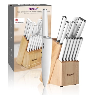 Hecef 15 Piece Knife Block Set, Ultra Sharp Blades with Steak Knives, Sharpening Steel