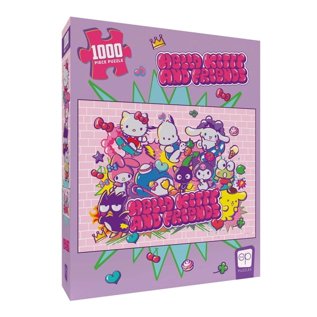 USAopoly Hello Kitty and Friends "Tokyo Skate" 1,000 Piece Puzzle featuring Hello Kitty, Cinnamoroll, Pompompurin, Pochacco, and Keroppi skateboarding and enjoying treats in a vibrant jigsaw puzzle scene with a purple background and playful graphic accents, suitable for puzzle enthusiasts of all ages.