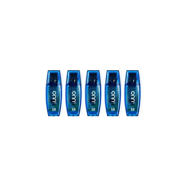 ONN USB2.0 C410 16GB 5-Pack showing five blue translucent USB 2.0 flash drives with visible internal circuitry and white ONN logo, each marked with '16' for 16GB capacity, arranged in a row on a white background, ideal for portable data storage and compatible with USB 2.0 and 3.0 devices.