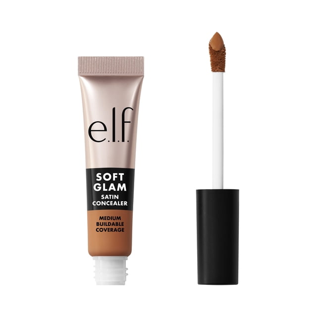 e.l.f. Cosmetics Soft Glam Satin Concealer, 42 Tan Neutral, 6.3 mL, shown as a squeezable tube with beige and brown gradient and black label, alongside a white applicator wand with black cap and doe-foot tip coated in medium tan concealer, offering lightweight, creamy medium buildable coverage with a satin finish, ideal for concealing imperfections and brightening under-eye areas.