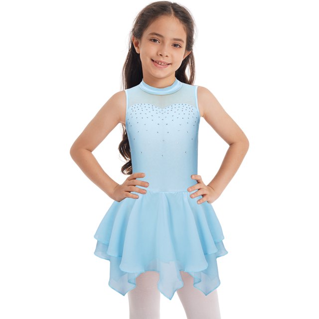 Girls Shiny Rhinestones Sleeveless Figure Ice Skating Dress Ballet Lyrical Modern Dance Performance Light Blue 6